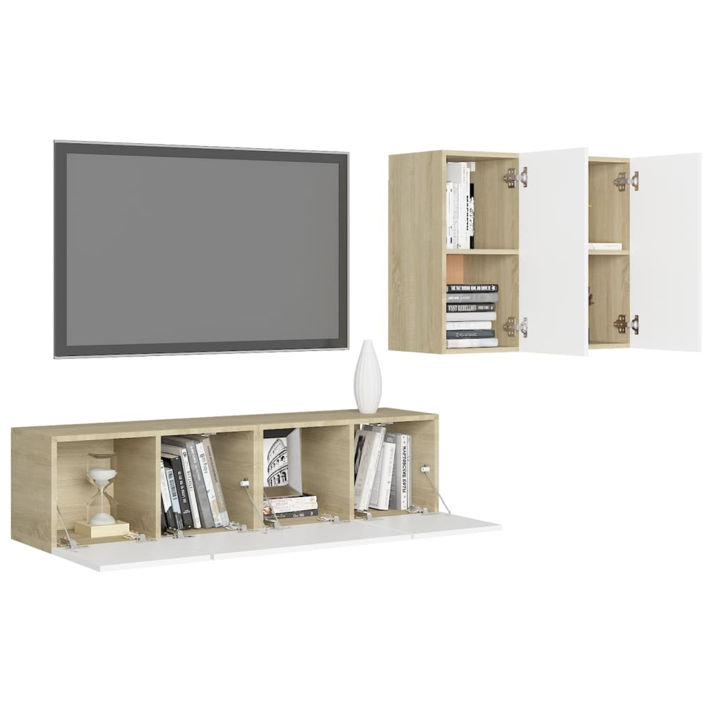Set dulapuri TV, 4 piese, alb și stejar sonoma, lemn prelucrat