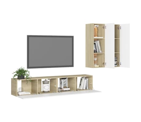 vidaXL Televizoriaus spintelių komplektas, 4 dalių, baltas/ąžuolo, MDP