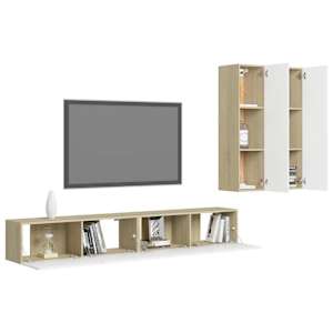 vidaXL Televizoriaus spintelių komplektas, 4 dalių, baltas/ąžuolo, MDP