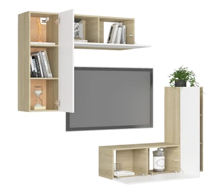 vidaXL Televizoriaus spintelių komplektas, 4 dalių, baltas/ąžuolo, MDP