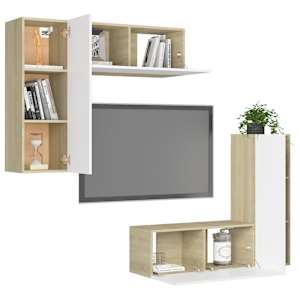 vidaXL Televizoriaus spintelių komplektas, 4 dalių, baltas/ąžuolo, MDP