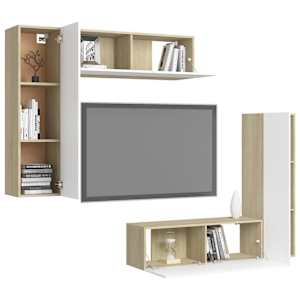 vidaXL Televizoriaus spintelių komplektas, 4 dalių, baltas/ąžuolo, MDP