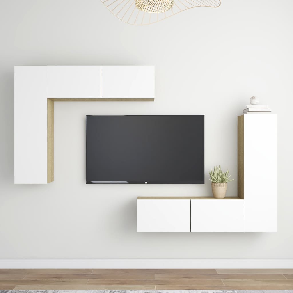 4-delige Tv-meubelset spaanplaat wit en sonoma eikenkleurig