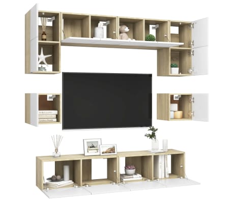 vidaXL Televizoriaus spintelių komplektas, 8 dalių, baltas/ąžuolo, MDP