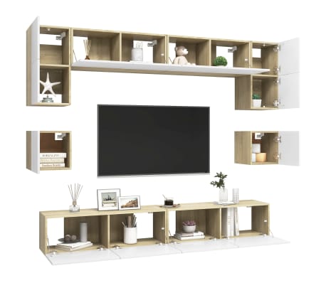 vidaXL Televizoriaus spintelių komplektas, 8 dalių, baltas/ąžuolo, MDP