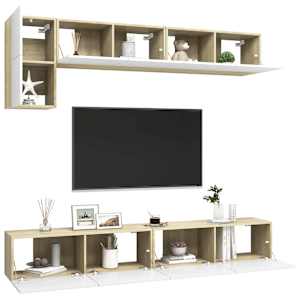 vidaXL Televizoriaus spintelių komplektas, 5 dalių, baltas/ąžuolo, MDP