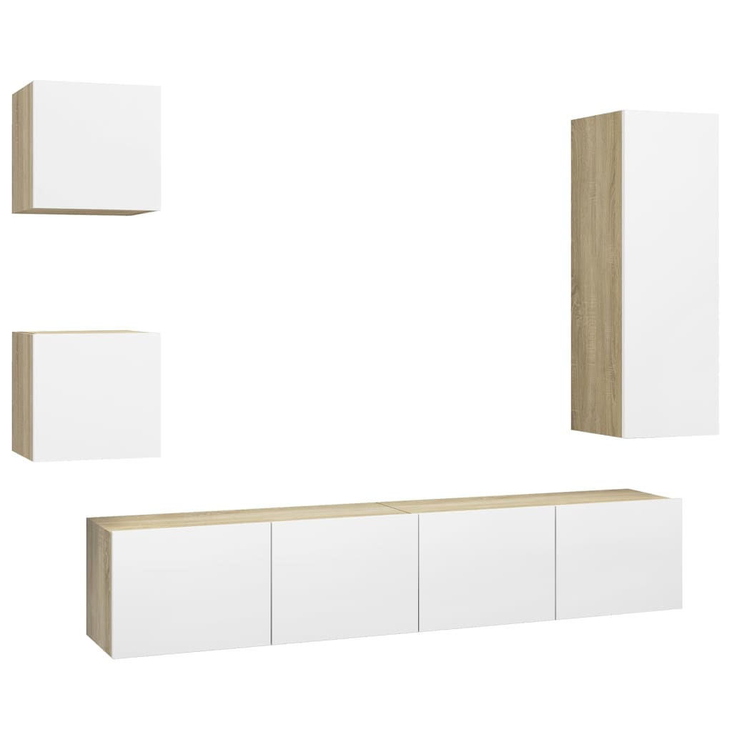 

vidaXL 5 Piece TV Cabinet Set White and Sonoma Oak Chipboard