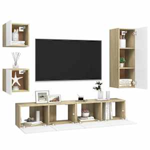 vidaXL Televizoriaus spintelių komplektas, 5 dalių, baltas/ąžuolo, MDP