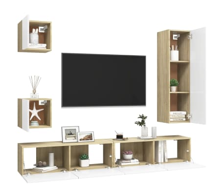 vidaXL Televizoriaus spintelių komplektas, 5 dalių, baltas/ąžuolo, MDP