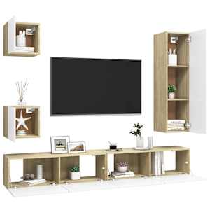 vidaXL Televizoriaus spintelių komplektas, 5 dalių, baltas/ąžuolo, MDP