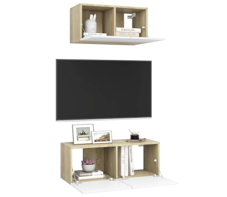 vidaXL Televizoriaus spintelių komplektas, 2 dalių, baltas/ąžuolo, MDP