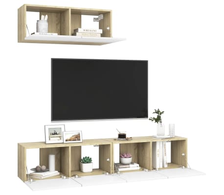 vidaXL Televizoriaus spintelės, 3vnt., baltos ir ąžuolo spalvos, MDP