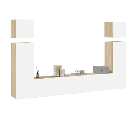 vidaXL Televizoriaus spintelių komplektas, 8 dalių, baltas/ąžuolo, MDP