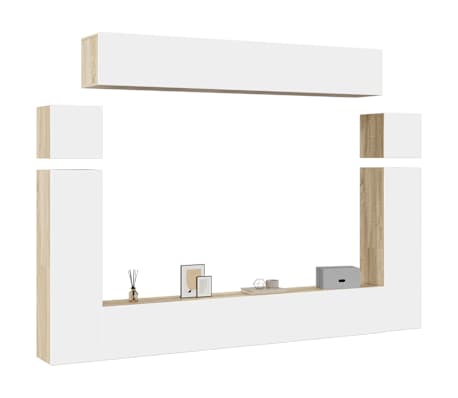 vidaXL Televizoriaus spintelių komplektas, 8 dalių, baltas/ąžuolo, MDP