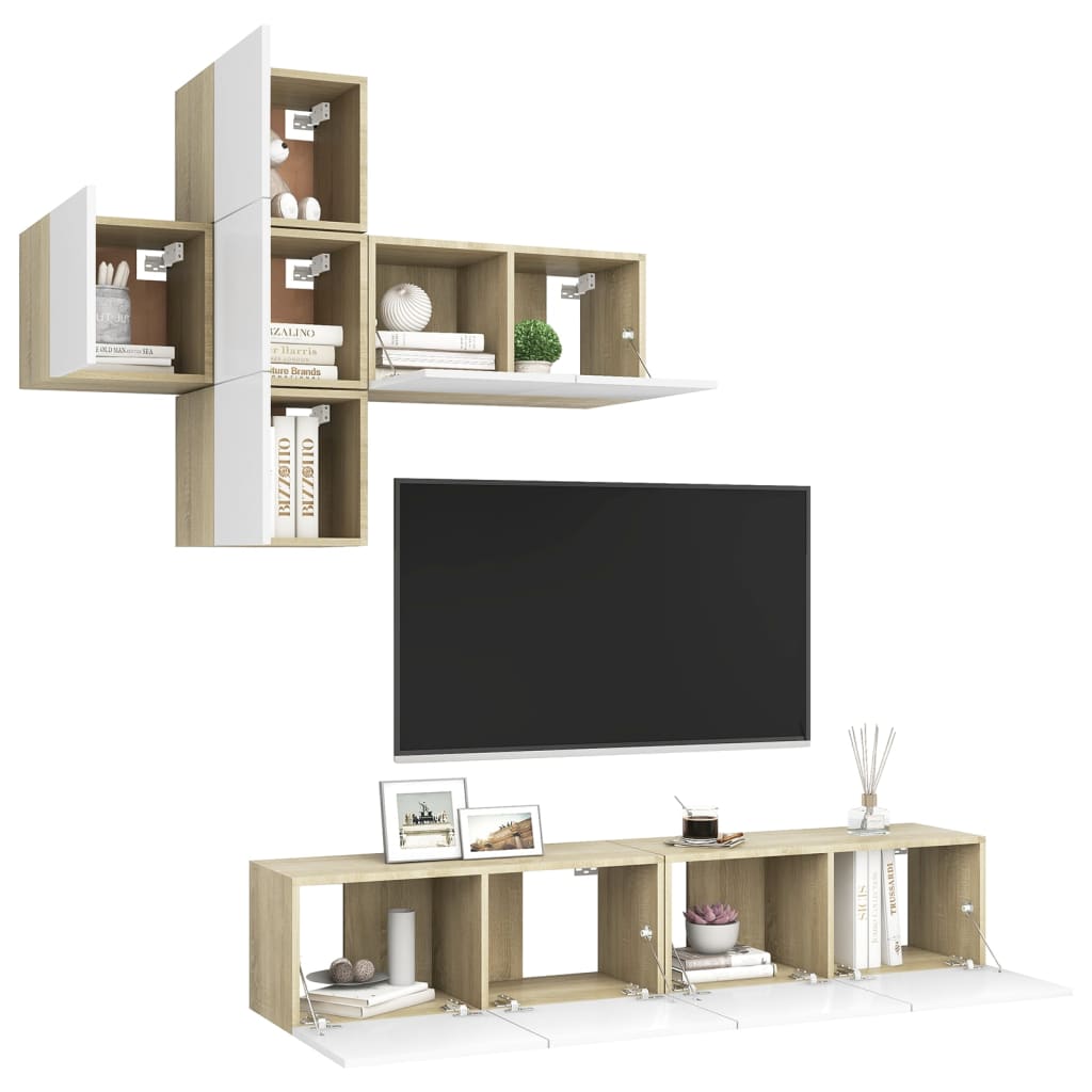 

vidaXL 7-delige Tv-meubelset spaanplaat wit en sonoma eikenkleurig