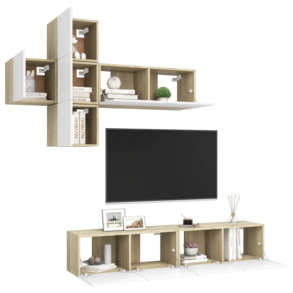 

vidaXL 7-delige Tv-meubelset spaanplaat wit en sonoma eikenkleurig