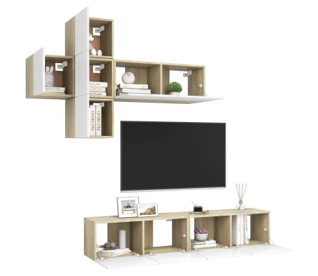 vidaXL Televizoriaus spintelių komplektas, 7 dalių, baltas/ąžuolo, MDP