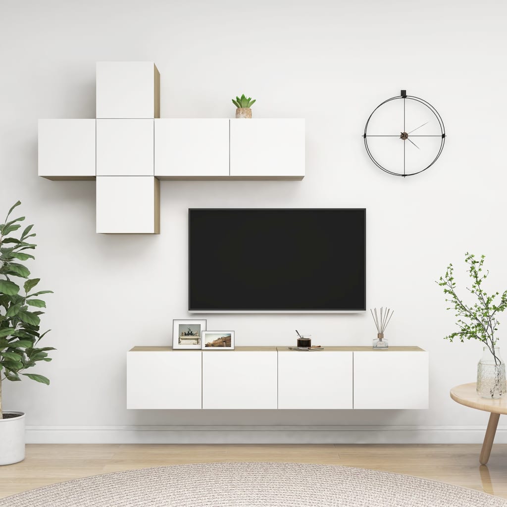7-delige Tv-meubelset spaanplaat wit en sonoma eikenkleurig
