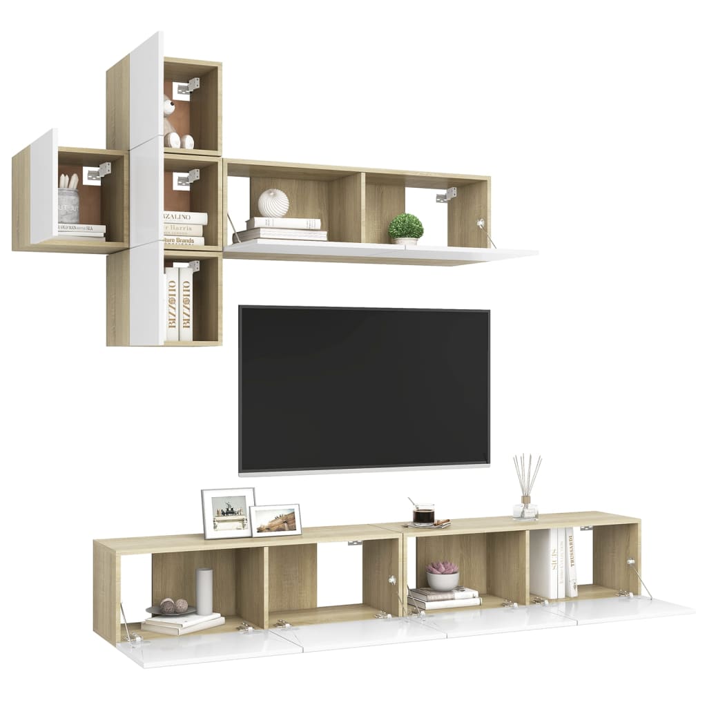 

vidaXL 7-delige Tv-meubelset spaanplaat wit en sonoma eikenkleurig