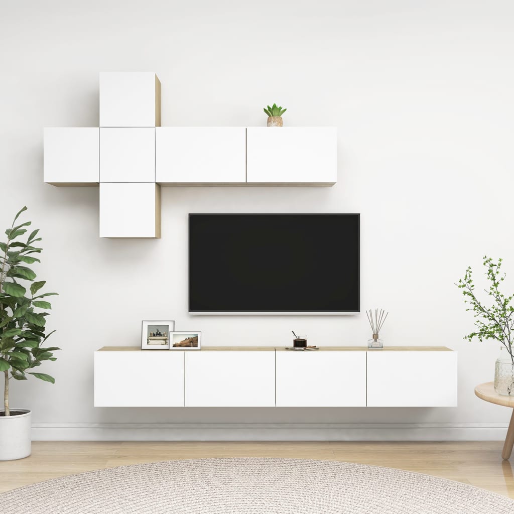 7-delige Tv-meubelset spaanplaat wit en sonoma eikenkleurig