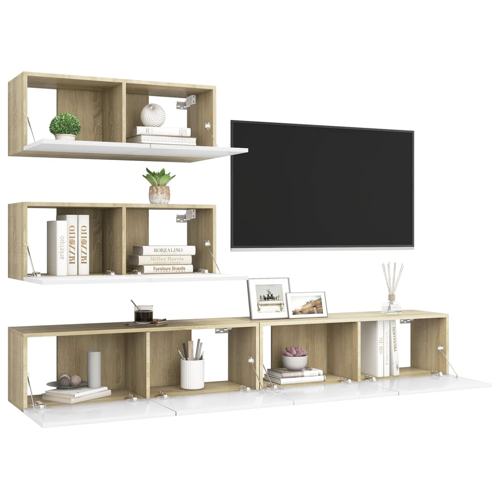 VERDAL – Ensemble de meuble TV suspendu 4 pcs Blanc et chêne sonoma 2x 100cm | meublestv.fr 4