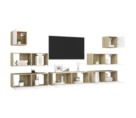 vidaXL Televizoriaus spintelių komplektas, 7 dalių, baltas/ąžuolo, MDP