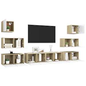 vidaXL Televizoriaus spintelių komplektas, 8 dalių, baltas/ąžuolo, MDP