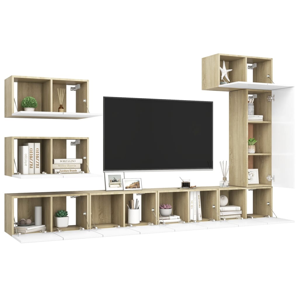 

vidaXL 8-delige Tv-meubelset spaanplaat wit en sonoma eikenkleurig