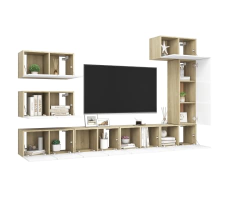 vidaXL Televizoriaus spintelių komplektas, 8 dalių, baltas/ąžuolo, MDP