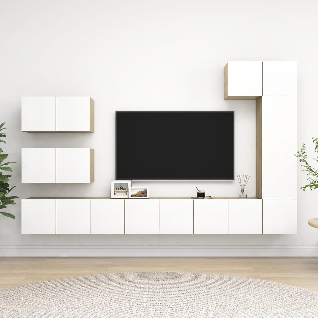 8-delige Tv-meubelset spaanplaat wit en sonoma eikenkleurig