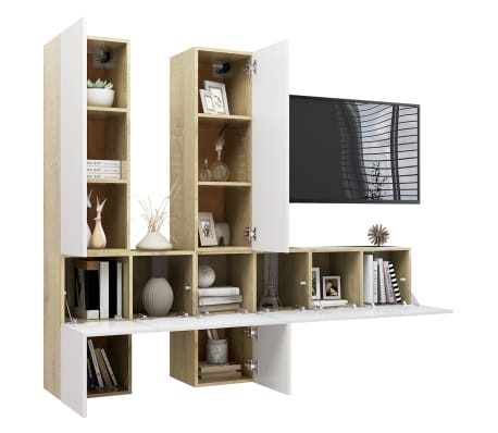 vidaXL Televizoriaus spintelių komplektas, 7 dalių, baltas/ąžuolo, MDP