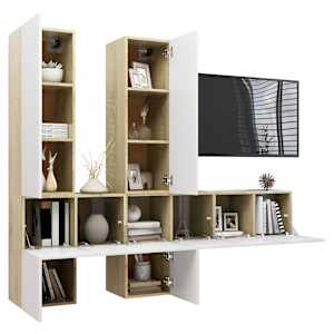 vidaXL Televizoriaus spintelių komplektas, 7 dalių, baltas/ąžuolo, MDP