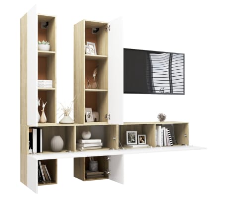 vidaXL Televizoriaus spintelių komplektas, 6 dalių, baltas/ąžuolo, MDP