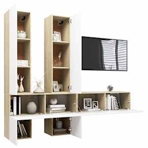 vidaXL Televizoriaus spintelių komplektas, 6 dalių, baltas/ąžuolo, MDP