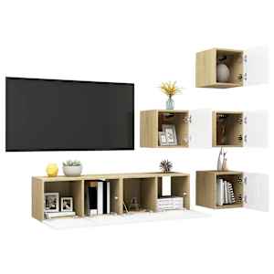 vidaXL Televizoriaus spintelių komplektas, 6 dalių, baltas/ąžuolo, MDP