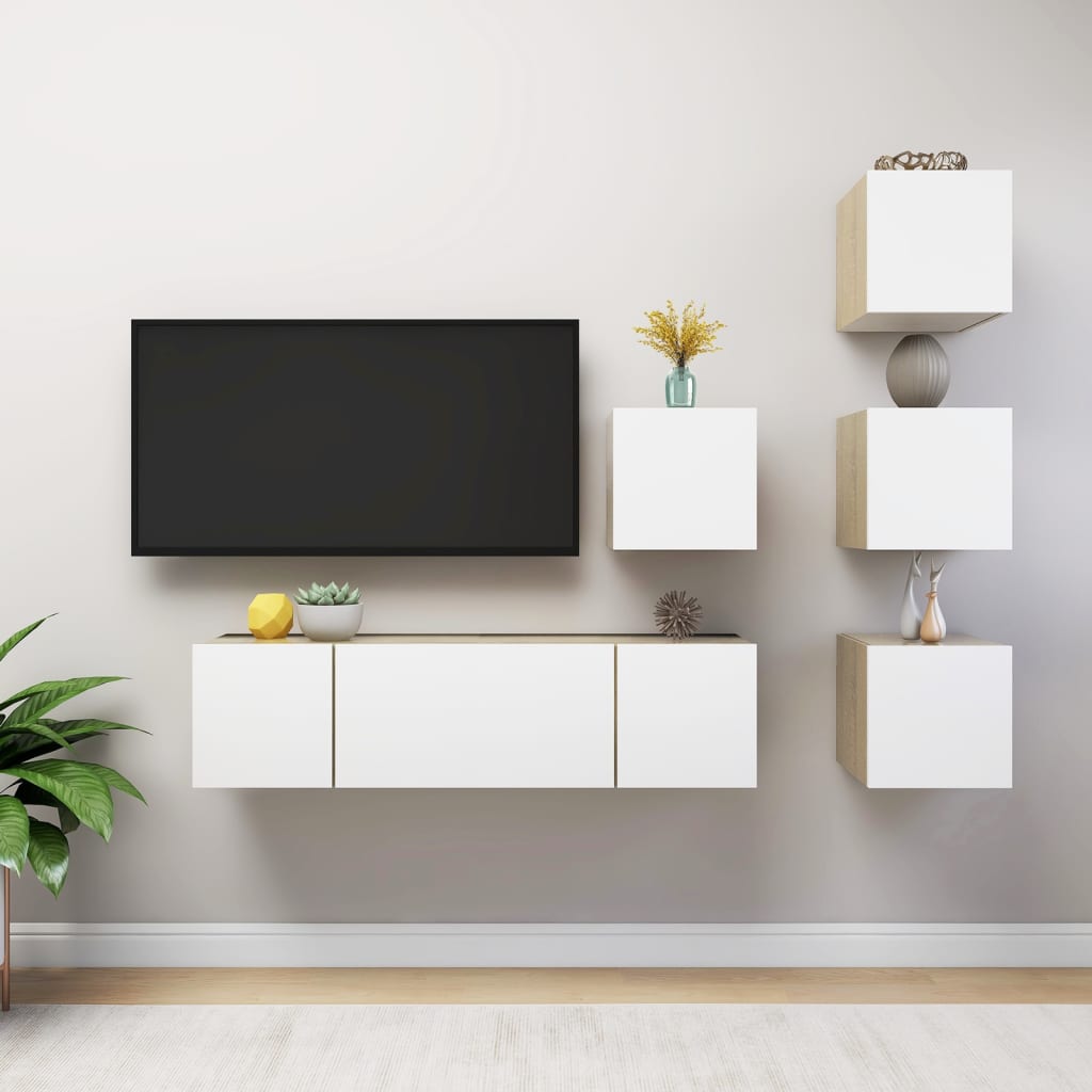 6-delige Tv-meubelset spaanplaat wit en sonoma eikenkleurig