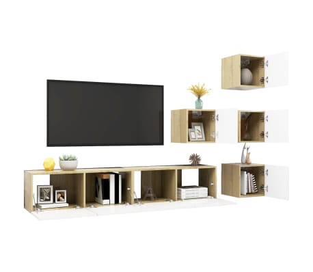 vidaXL Televizoriaus spintelių komplektas, 6 dalių, baltas/ąžuolo, MDP