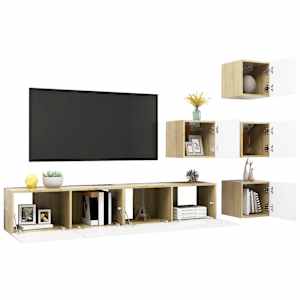 vidaXL Televizoriaus spintelių komplektas, 6 dalių, baltas/ąžuolo, MDP