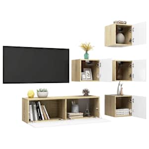vidaXL Televizoriaus spintelių komplektas, 5 dalių, baltas/ąžuolo, MDP