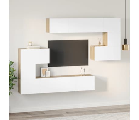 vidaXL Televizoriaus spintelių komplektas, 8 dalių, baltas/ąžuolo, MDP