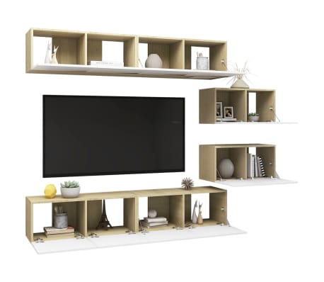 vidaXL Televizoriaus spintelių komplektas, 6 dalių, baltas/ąžuolo, MDP