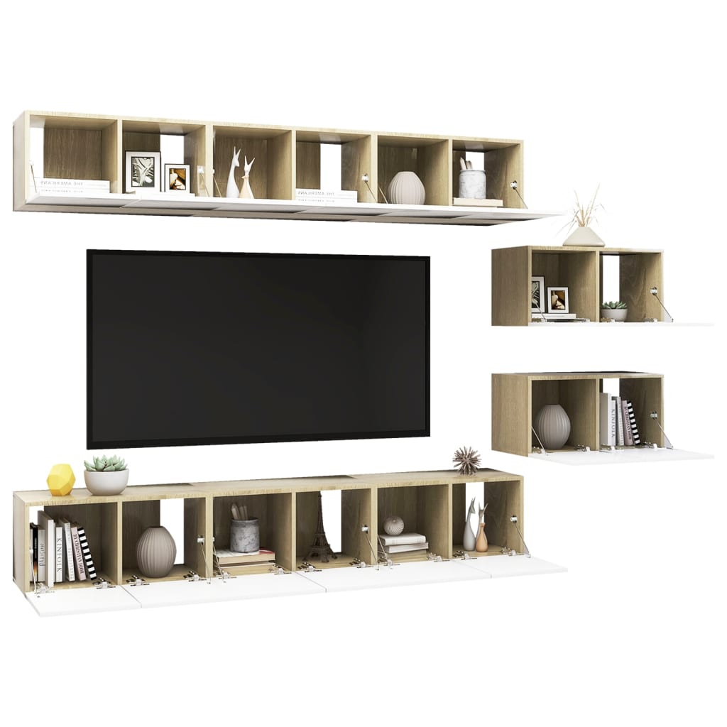 vidaXL Meubles TV 8 pcs Blanc et chêne sonoma Aggloméré