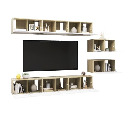 vidaXL Meubles TV 8 pcs Blanc et chêne sonoma Aggloméré