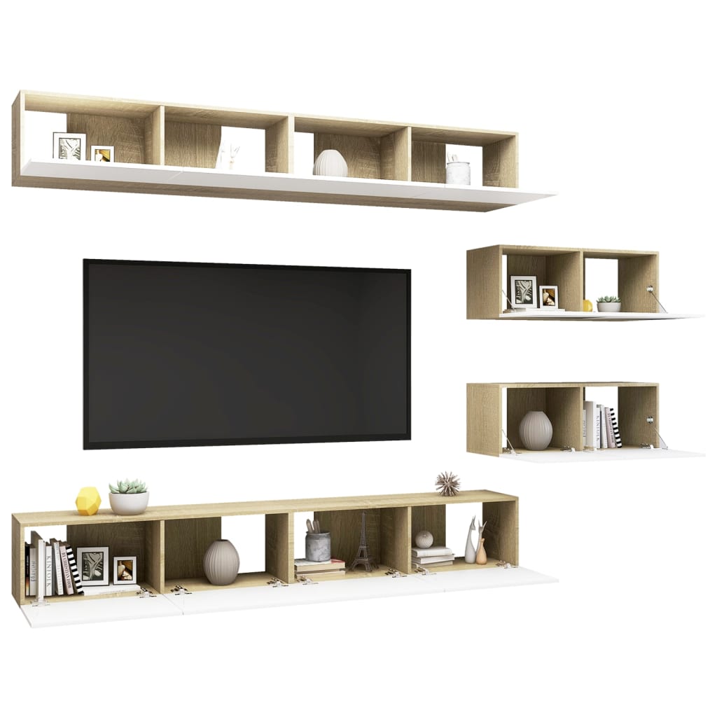 

vidaXL 6-delige Tv-meubelset spaanplaat wit en sonoma eikenkleurig