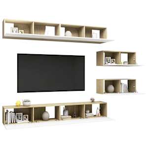 vidaXL Televizoriaus spintelių komplektas, 6 dalių, baltas/ąžuolo, MDP