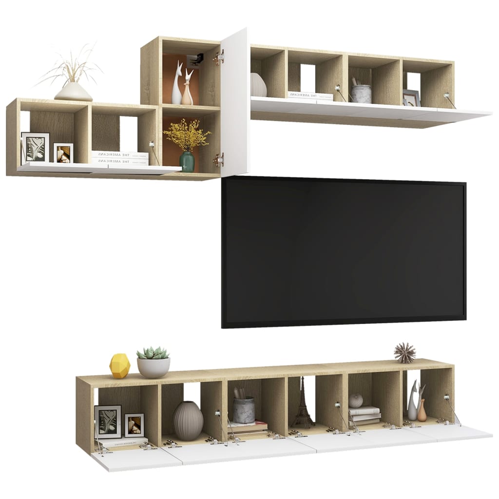 

vidaXL 7-delige Tv-meubelset spaanplaat wit en sonoma eikenkleurig
