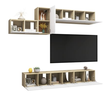 vidaXL Televizoriaus spintelių komplektas, 7 dalių, baltas/ąžuolo, MDP