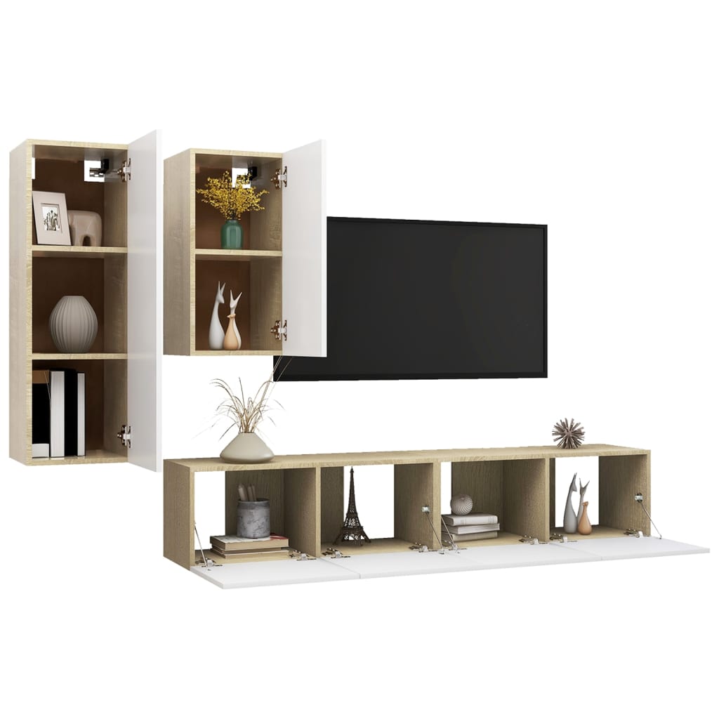 

vidaXL 4-delige Tv-meubelset spaanplaat wit en sonoma eikenkleurig