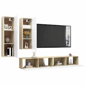 vidaXL Televizoriaus spintelių komplektas, 4 dalių, baltas/ąžuolo, MDP