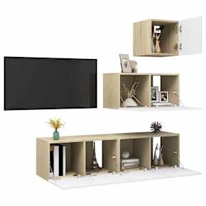 vidaXL Televizoriaus spintelių komplektas, 4 dalių, baltas/ąžuolo, MDP